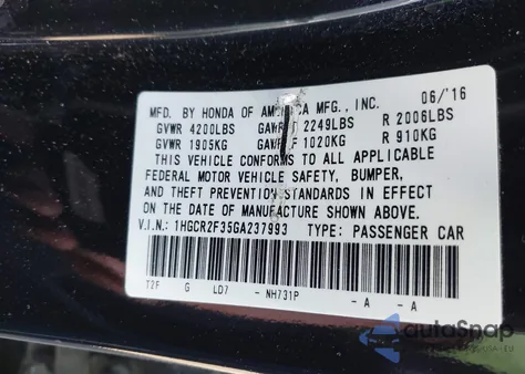 2016 Honda Accord Lx из США, поврежденный, VIN 1HGCR2F35GA237993